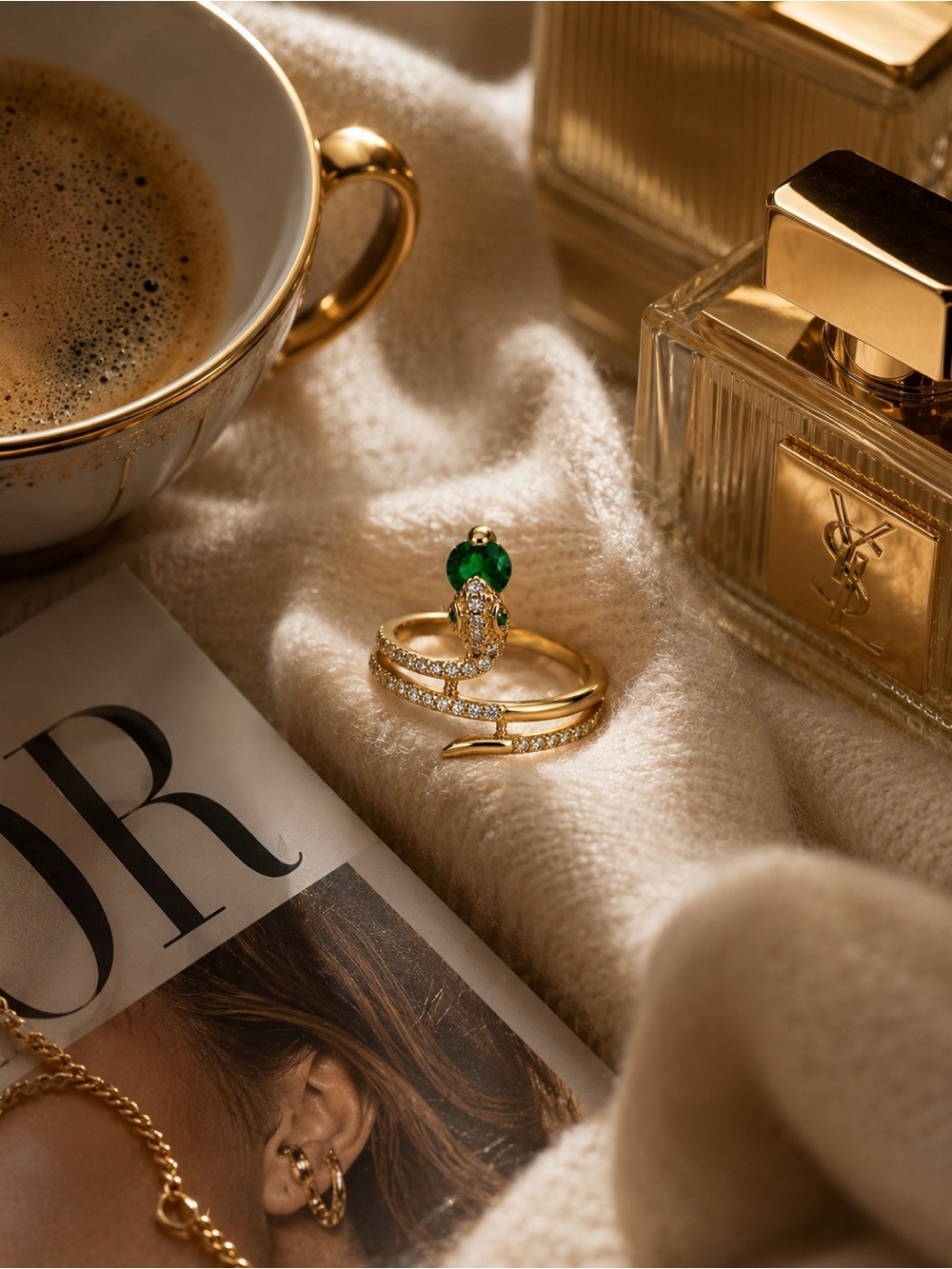 Gold Tone Snake Ring with Emerald Green Gem - Picture 4 of 8